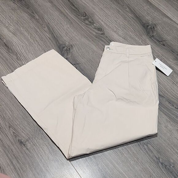 NWT Calvin Klein Chino Khaki Wide Leg Pleated High Waisted Trouser Pant - Picture 1 of 9